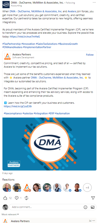 DMA and Avalara Partnership LinkedIn Post